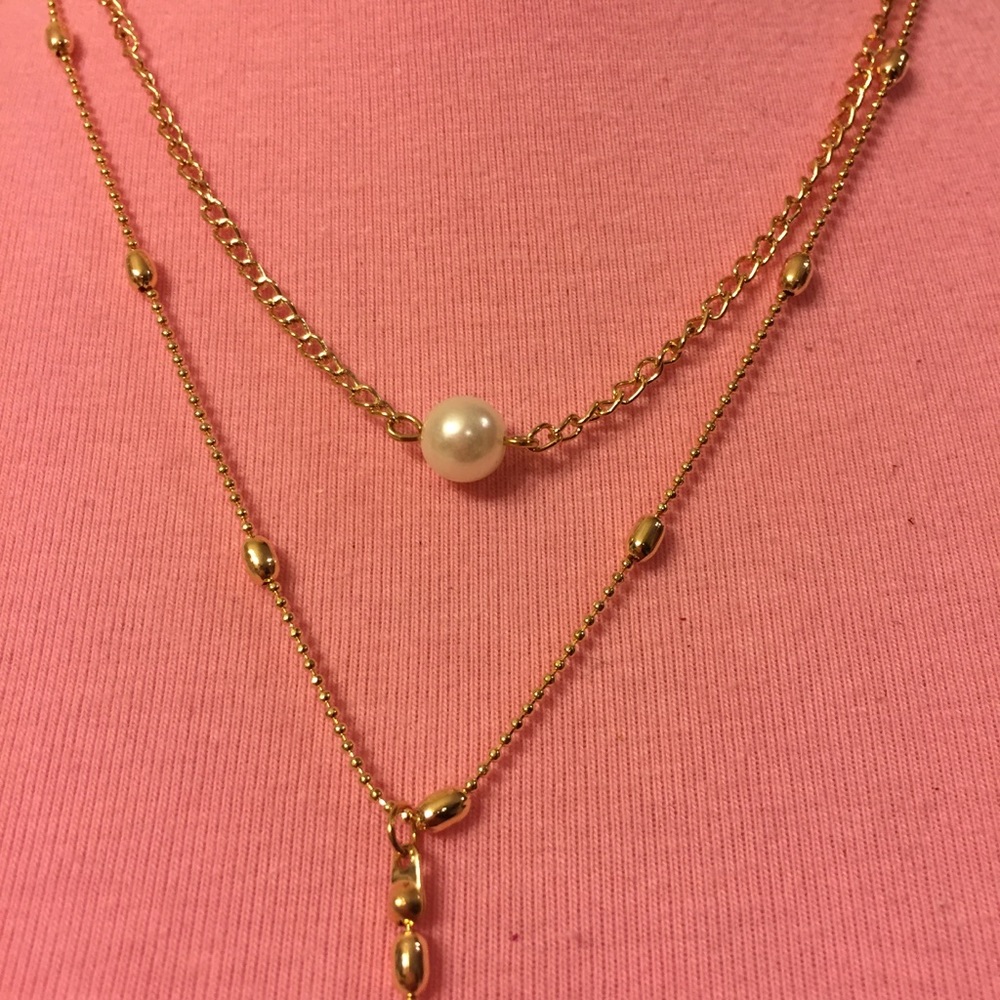 🎀 Lovely Boho triple layered ball chain faux pearl tassel choker - Picture 5 of 7